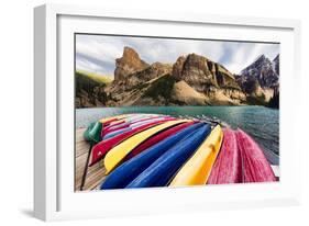 Canoes on a Dock, Alberta, Canada-George Oze-Framed Photographic Print