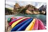 Canoes on a Dock, Alberta, Canada-George Oze-Stretched Canvas