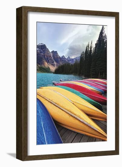 Canoes on a Dock, Moraine Lake, Banff National Park, Canada-George Oze-Framed Photographic Print