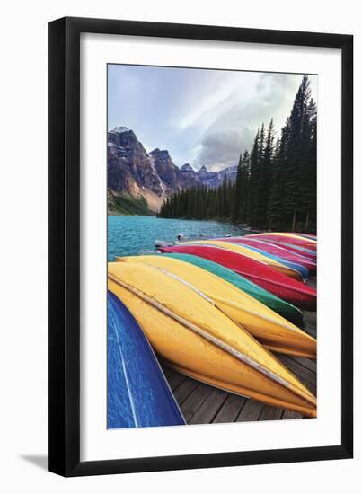 Canoes on a Dock, Moraine Lake, Banff National Park, Canada-George Oze-Framed Photographic Print