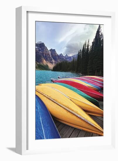 Canoes on a Dock, Moraine Lake, Banff National Park, Canada-George Oze-Framed Photographic Print