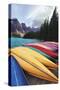 Canoes on a Dock, Moraine Lake, Banff National Park, Canada-George Oze-Stretched Canvas