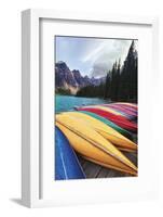 Canoes on a Dock, Moraine Lake, Banff National Park, Canada-George Oze-Framed Photographic Print