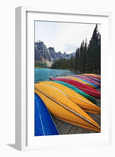 Canoes on a Dock, Moraine Lake, Canada-George Oze-Framed Photographic Print