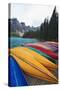 Canoes on a Dock, Moraine Lake, Canada-George Oze-Stretched Canvas