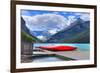 Canoes On Lake Louise Banff AB-null-Framed Art Print