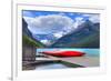 Canoes On Lake Louise Banff AB-null-Framed Art Print