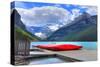 Canoes On Lake Louise Banff AB-null-Stretched Canvas