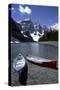 Canoes on the Shore of Moraine Lake, Banff National Park, Alberta, Canada-Natalie Tepper-Stretched Canvas