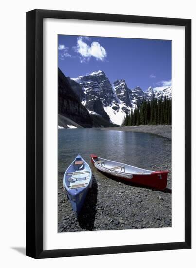 Canoes on the Shore of Moraine Lake, Banff National Park, Alberta, Canada-Natalie Tepper-Framed Photo