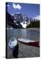 Canoes on the Shore of Moraine Lake, Banff National Park, Alberta, Canada-Natalie Tepper-Stretched Canvas