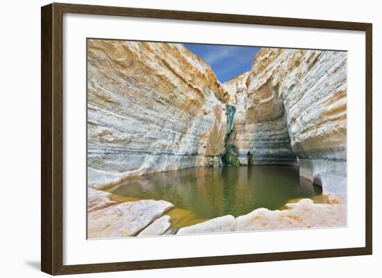 Canyon Ein Avdat in Israel. Sandstone Canyon Walls Form a round Bowl. Thin Jet Waterfall Form Cold-kavram-Framed Photographic Print