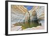 Canyon Ein Avdat in Israel. Sandstone Canyon Walls Form a round Bowl. Thin Jet Waterfall Form Cold-kavram-Framed Photographic Print