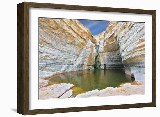 Canyon Ein Avdat in Israel. Sandstone Canyon Walls Form a round Bowl. Thin Jet Waterfall Form Cold-kavram-Framed Photographic Print