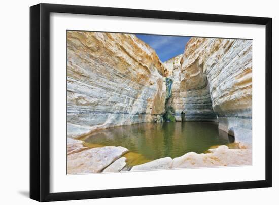 Canyon Ein Avdat in Israel. Sandstone Canyon Walls Form a round Bowl. Thin Jet Waterfall Form Cold-kavram-Framed Photographic Print