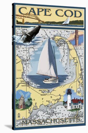 Cape Cod, Massachusetts Chart & Views-Lantern Press-Stretched Canvas