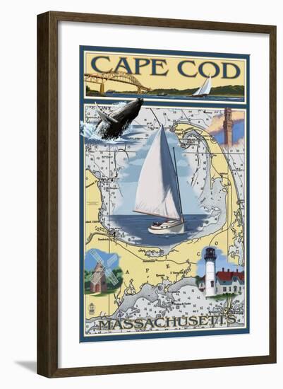 Cape Cod, Massachusetts Chart & Views-Lantern Press-Framed Art Print