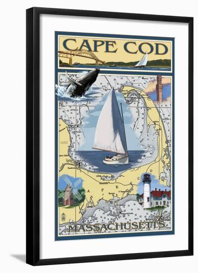 Cape Cod, Massachusetts Chart & Views-Lantern Press-Framed Art Print