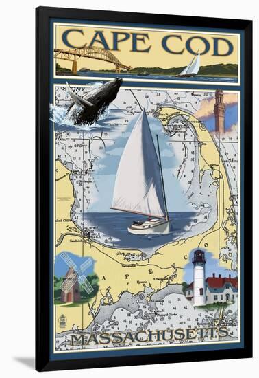 Cape Cod, Massachusetts Chart & Views-Lantern Press-Framed Art Print