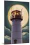 Cape Cod, Massachusetts - Chatham Light and Full Moon-Lantern Press-Mounted Art Print