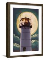 Cape Cod, Massachusetts - Chatham Light and Full Moon-Lantern Press-Framed Art Print