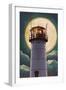 Cape Cod, Massachusetts - Chatham Light and Full Moon-Lantern Press-Framed Art Print