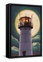 Cape Cod, Massachusetts - Chatham Light and Full Moon-Lantern Press-Framed Stretched Canvas