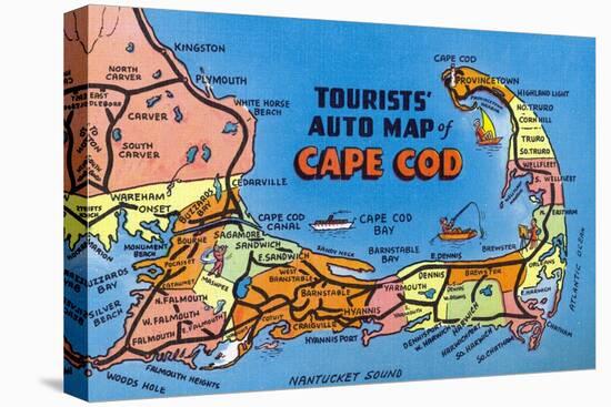 Cape Cod, Massachusetts - Detailed Auto Map of Cape Cod-Lantern Press-Stretched Canvas
