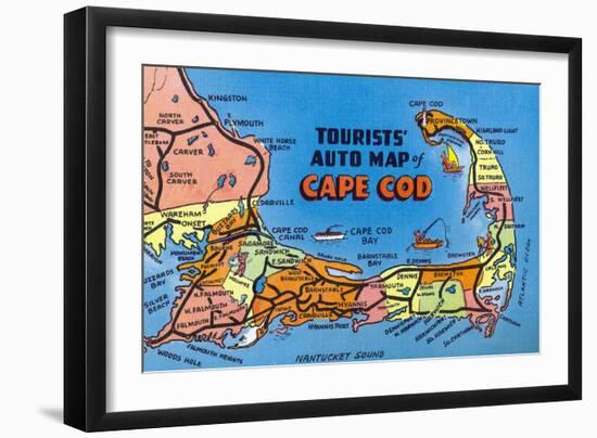 Cape Cod, Massachusetts - Detailed Auto Map of Cape Cod-Lantern Press-Framed Art Print