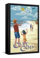 Cape Cod, Massachusetts - Kite Flyers-Lantern Press-Framed Stretched Canvas