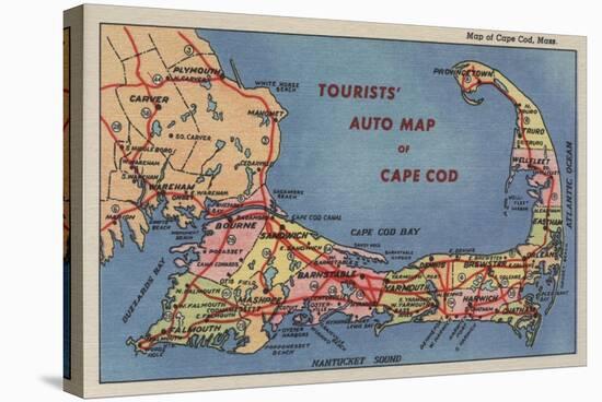 Cape Cod, Massachusetts - Tourists' Auto Map of Cape Cod-Lantern Press-Stretched Canvas