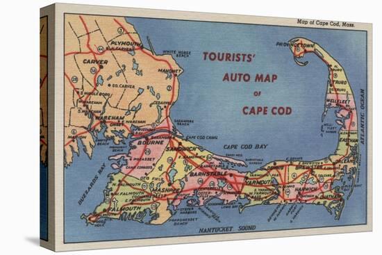 Cape Cod, Massachusetts - Tourists' Auto Map of Cape Cod-Lantern Press-Stretched Canvas