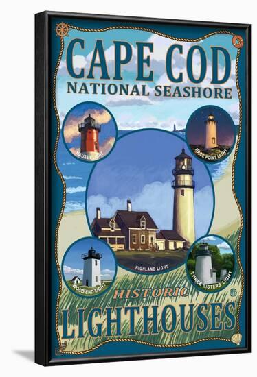 Cape Cod National Seashore, Massachusetts - Historic Lighthouses Montage-Lantern Press-Framed Art Print