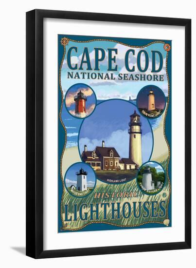 Cape Cod National Seashore, Massachusetts - Historic Lighthouses Montage-Lantern Press-Framed Art Print