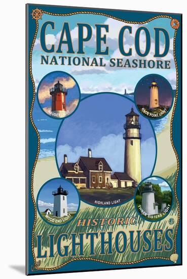 Cape Cod National Seashore, Massachusetts - Historic Lighthouses Montage-Lantern Press-Mounted Art Print