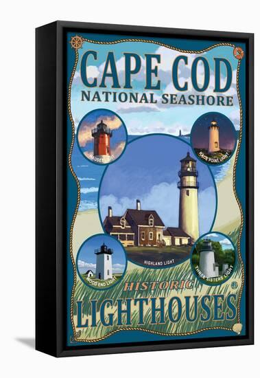 Cape Cod National Seashore, Massachusetts - Historic Lighthouses Montage-Lantern Press-Framed Stretched Canvas