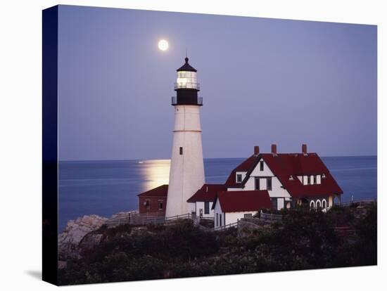 Cape Elizabeth Lighthouse with Full Moon, Portland, Maine, USA-Walter Bibikow-Stretched Canvas