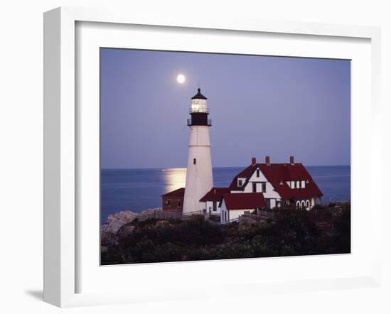 Cape Elizabeth Lighthouse with Full Moon, Portland, Maine, USA-Walter Bibikow-Framed Premium Photographic Print