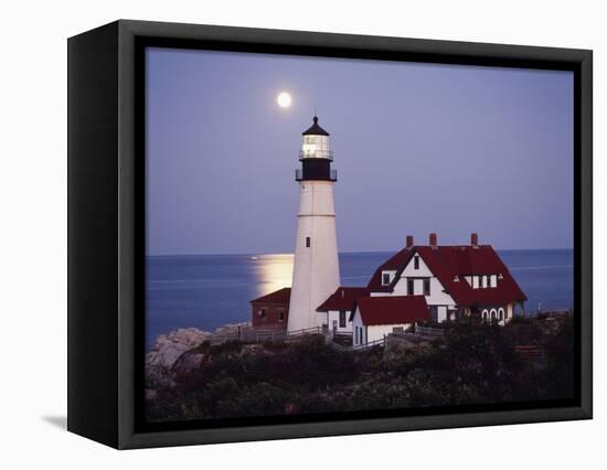 Cape Elizabeth Lighthouse with Full Moon, Portland, Maine, USA-Walter Bibikow-Framed Stretched Canvas
