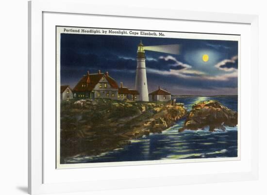 Cape Elizabeth, Maine - Moonlit View of the Portland Head Lighthouse-Lantern Press-Framed Premium Giclee Print