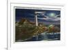 Cape Elizabeth, Maine - Moonlit View of the Portland Head Lighthouse-Lantern Press-Framed Premium Giclee Print