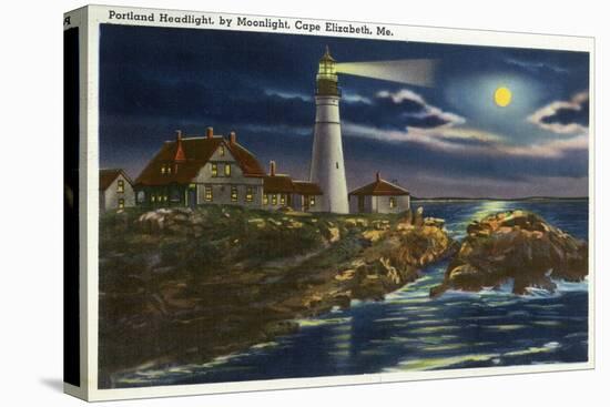 Cape Elizabeth, Maine - Moonlit View of the Portland Head Lighthouse-Lantern Press-Stretched Canvas