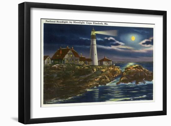 Cape Elizabeth, Maine - Moonlit View of the Portland Head Lighthouse-Lantern Press-Framed Art Print