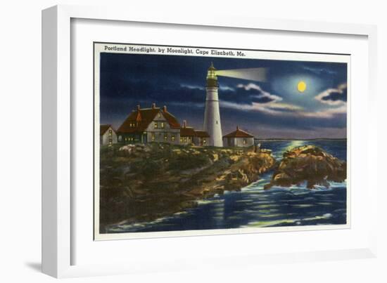 Cape Elizabeth, Maine - Moonlit View of the Portland Head Lighthouse-Lantern Press-Framed Art Print