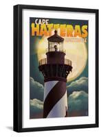 Cape Hatteras Lighthouse with Full Moon - Outer Banks, North Carolina-Lantern Press-Framed Art Print