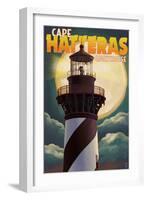 Cape Hatteras Lighthouse with Full Moon - Outer Banks, North Carolina-Lantern Press-Framed Art Print