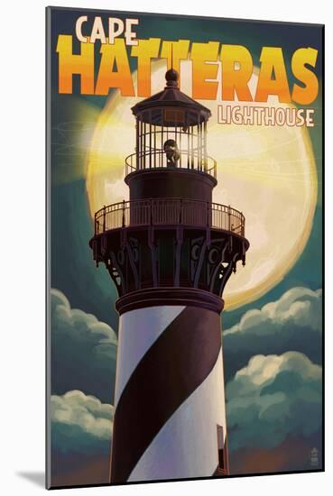 Cape Hatteras Lighthouse with Full Moon - Outer Banks, North Carolina-Lantern Press-Mounted Art Print