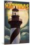 Cape Hatteras Lighthouse with Full Moon - Outer Banks, North Carolina-Lantern Press-Mounted Art Print