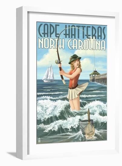 Cape Hatteras, North Carolina - Surf Fishing Pinup Girl-Lantern Press-Framed Art Print