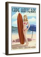 Cape Hatteras, North Carolina - Surfer Girl Pinup-Lantern Press-Framed Art Print